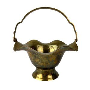 Vintage Brass Basket w/ Handle MCM Table Shelf Home Decor Metal